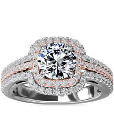 NEW Two-Tone Three Row Cushion Halo Diamond Engagement Ring in 14k White and Rose Gold (1/2 ct. tw.)